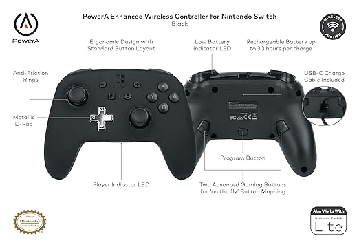 CONTROL INALAMBRICO NINTENDO SWITCH NEGRO POWERA RECARGABLE